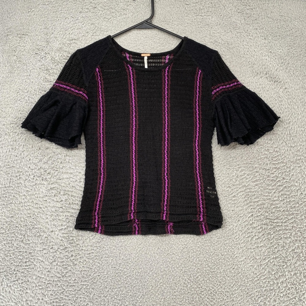 Free People Crochet Top Womens Small Black Babes Only Ruffle Sheer Whimsy Boho